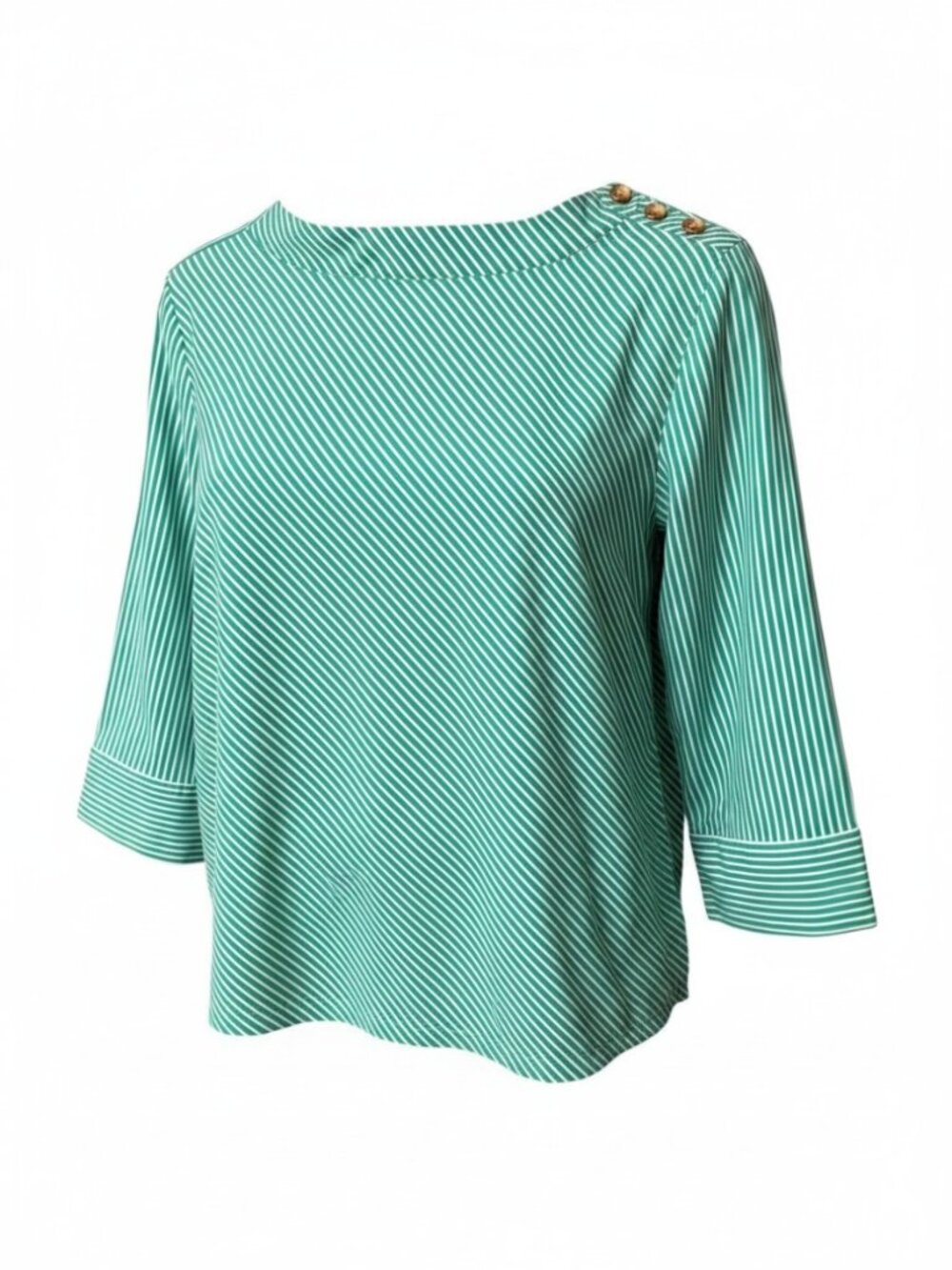 Chico's Green Striped Button Shoulder 3/4 Sleeve Poplin Blouse